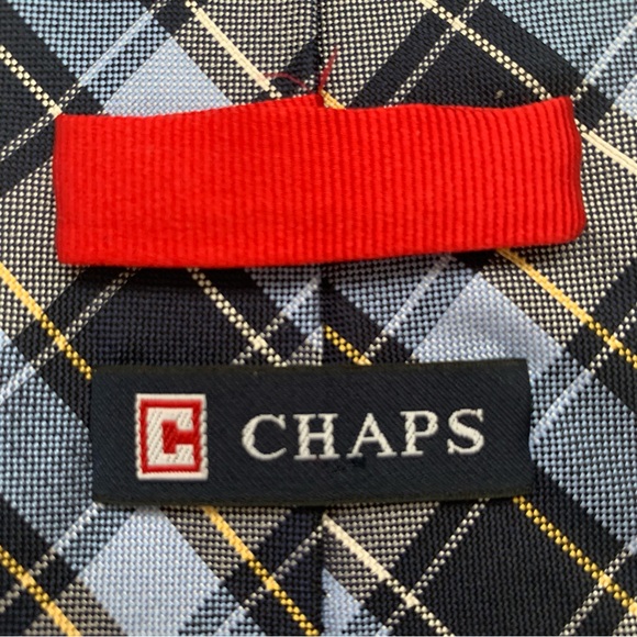 Chaps Tie Men's 100% Silk Handmade Plaid Blue Yellow 3.25" - Picture 1 of 10